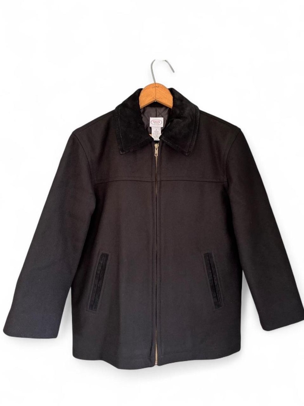 Vintage 90s Talbots Kids Black Wool Jacket Leather Collar Classic Grunge